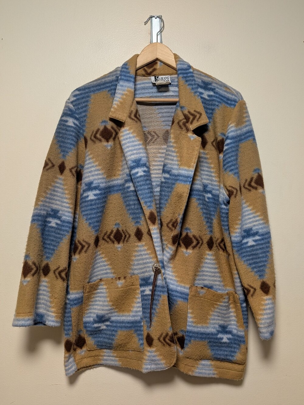 Q Jeans Wear Southwestern Aztec Fleece Jacket Medium Tan Blue Brown